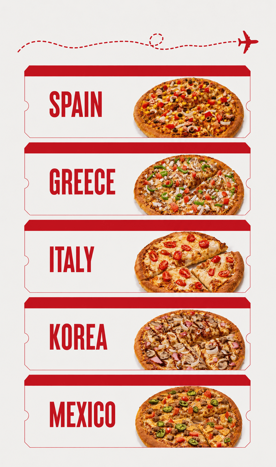 Spain, Greece, Italy, Korea and Mexico Flavours of the World pizzas